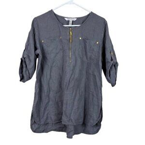 Ellen Tracey Linen Roll Tab Sleeve Zip Front Tunic Coastal Chic Sz Medium